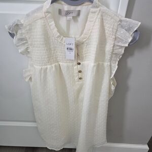 LOFT Ivory Textured Ruffle Blouse